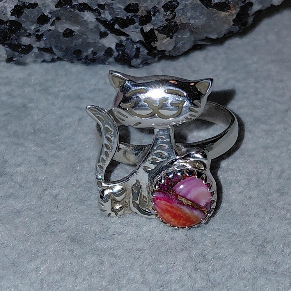 Pink Dahlia Sterling Silver Cat Ring - Picture 7 of 10